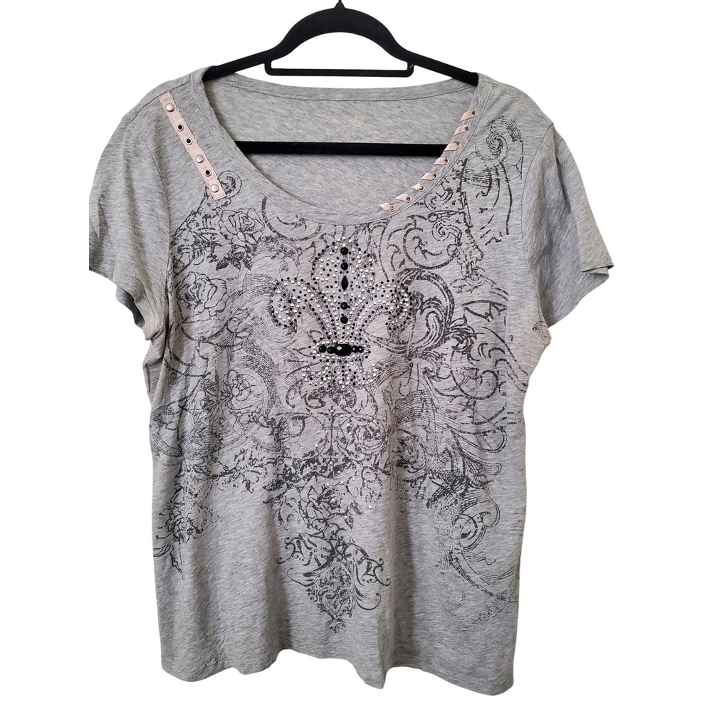 Y2K Womens Fleur de Lis Graphic TShirt Top Bling Baby Tee Grunge Rhinestone